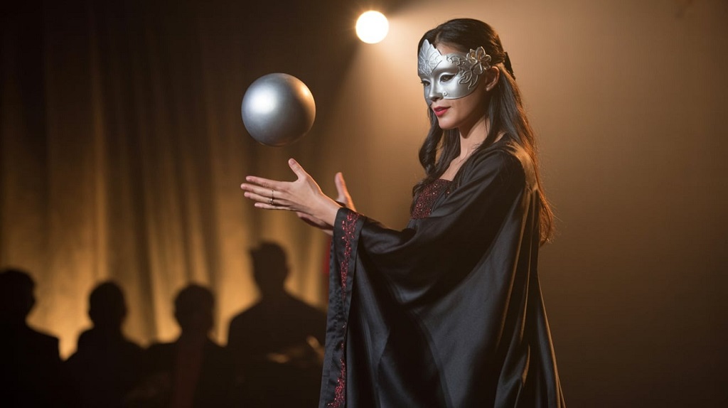 The enigmatic magician Sacred Riana performing an illusion, her face partially hidden behind a mask, evoking suspense and intrigue.
