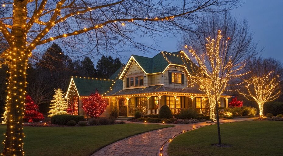 Beautifully decorated home with creative holiday light displays featuring glowing string lights, colorful ornaments, and a festive outdoor setup that inspires stunning DIY holiday décor ideas.