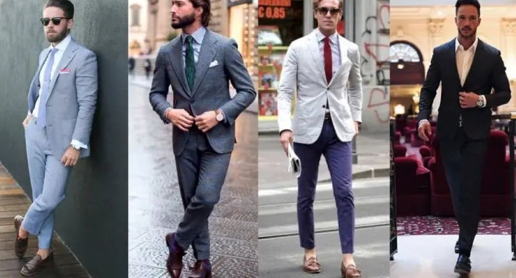 Elegant male outfit for a cocktail event, featuring tailored suit, tie, and accessories for a sophisticated appearance