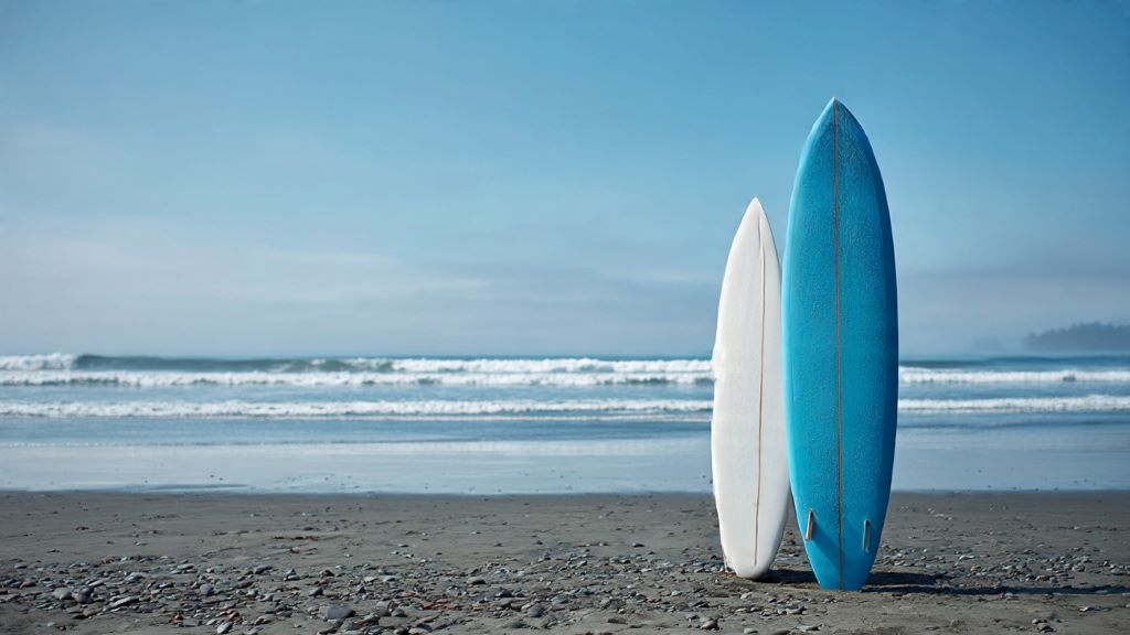 Comparison of blue foam surfboard and white fiberglass funboard standing upright on beach