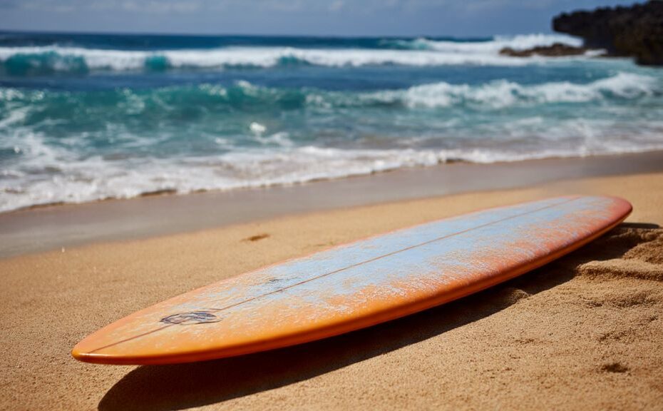 Eight foot foam surfboard with soft deck padding lying on sandy beach beside ocean waves