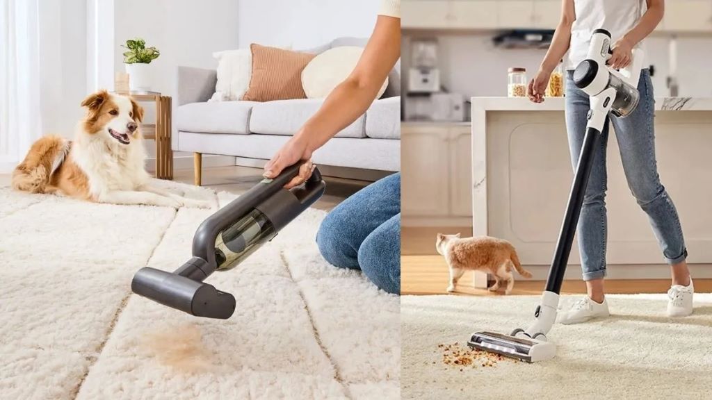 Illustration of a central vacuum system cleaning pet hair from carpets and furniture, highlighting features ideal for pet owners in 2025