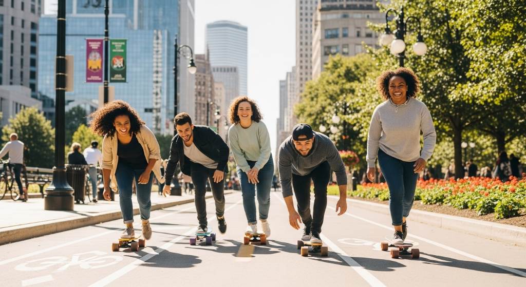 Group of friends laughing while pushing mini skateboards along a sunny bike lane in a vibrant downtown park.