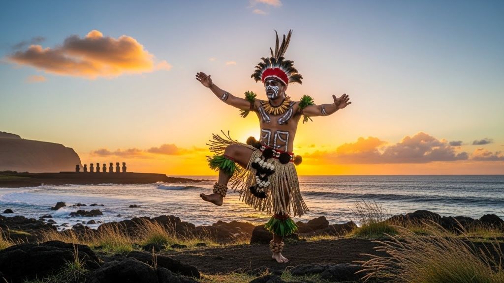 Rapa Nui cultural dancer in traditional costume performing at sunset with Pacific Ocean backdrop on Easter Island