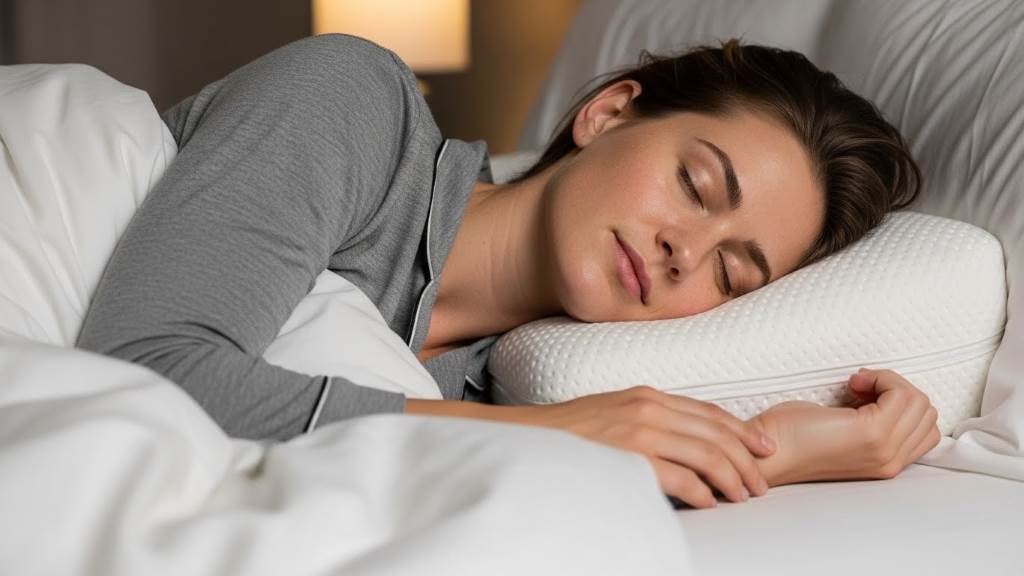 Person sleeping peacefully on Eli & Elm pillow demonstrating proper neck and shoulder alignment.