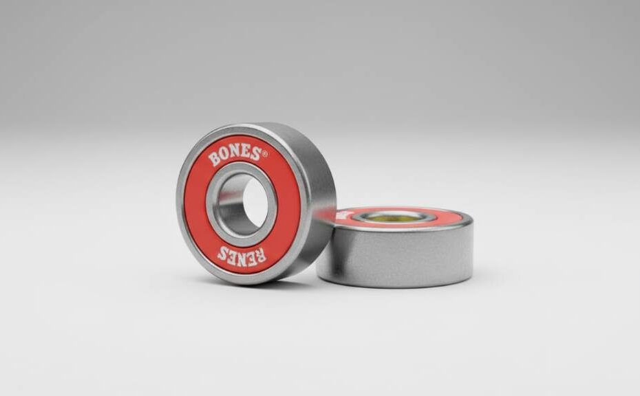 Bones Reds bearings showing red shields and steel construction for skateboard wheels