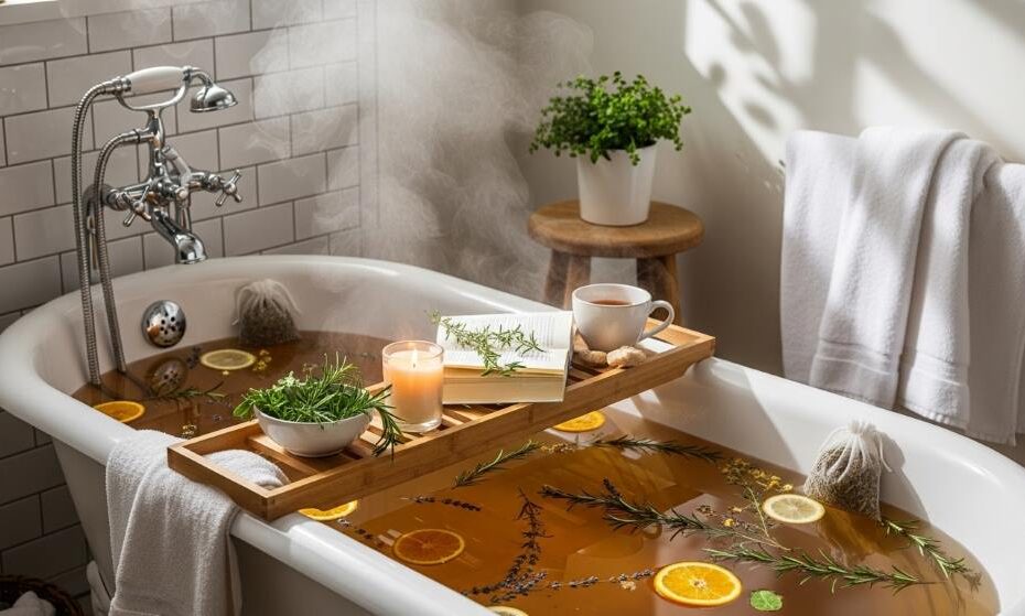 DIY herbal bath tea for muscle stress relief in a spa-style soak