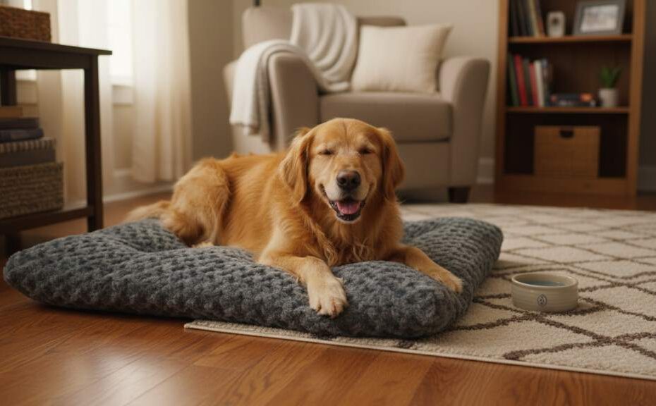 Happy dog relaxing on a plush washable bed in a cozy home setting