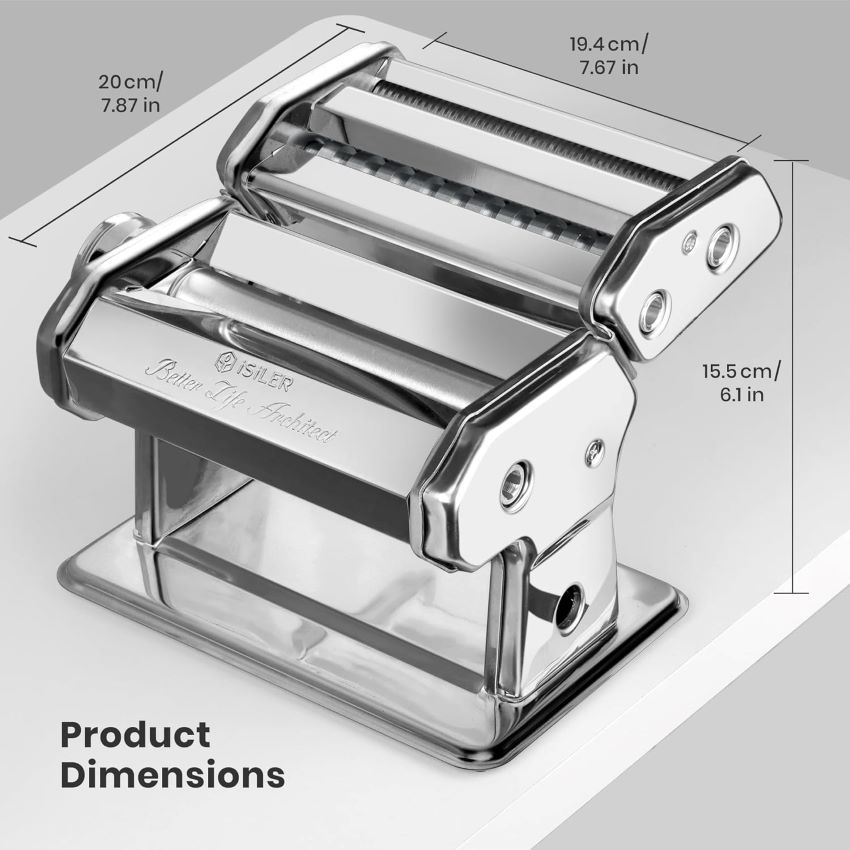 Close-up of the ISILER pasta maker’s rollers and adjustable settings for precise pasta thickness.