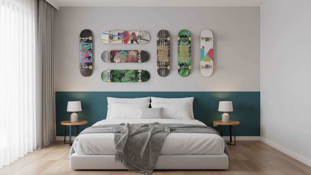 Modern bedroom with skateboards mounted on wall as decorative board display
