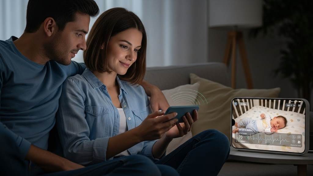 Parents using a smartphone app to check on their baby via a smart newborn monitoring device