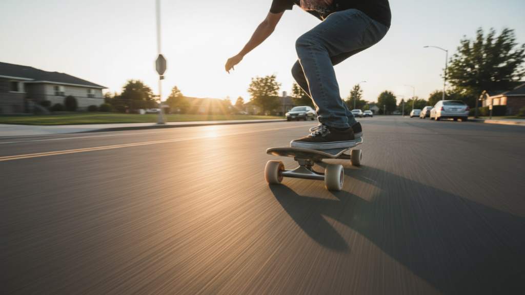 Skateboarder cruising on street with Bones Reds bearings highlighting speed and smooth roll