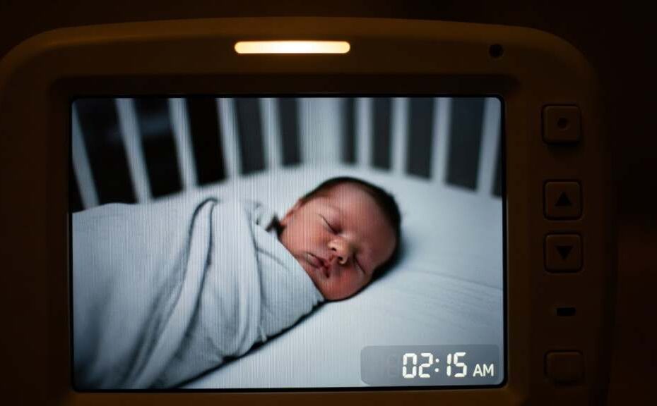 video baby monitor displaying a sleeping newborn in a crib at night