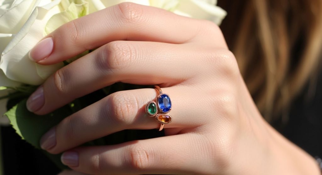 Woman's hand wearing unique colored gemstone engagement ring with vibrant blue sapphire in rose gold setting