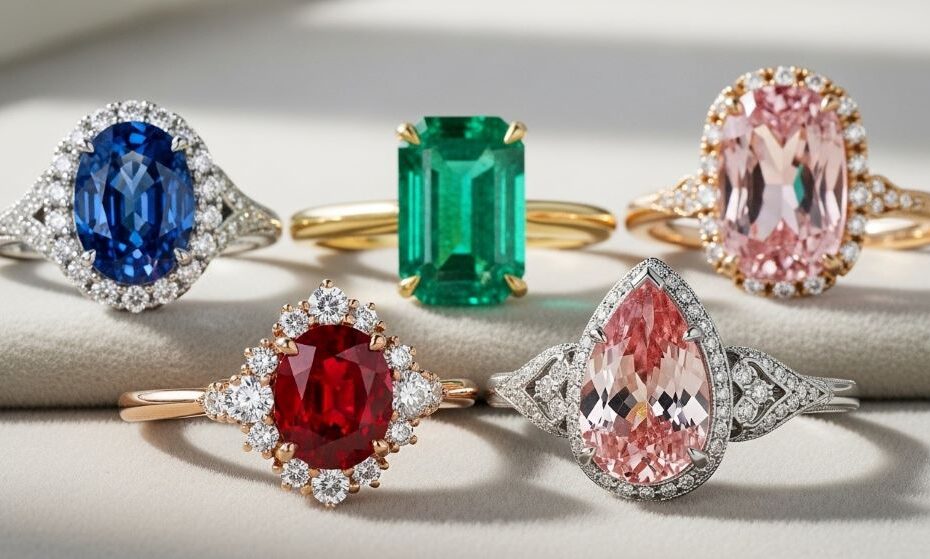 Colorful gemstone engagement rings featuring sapphire, emerald, ruby, and morganite stones in elegant settings