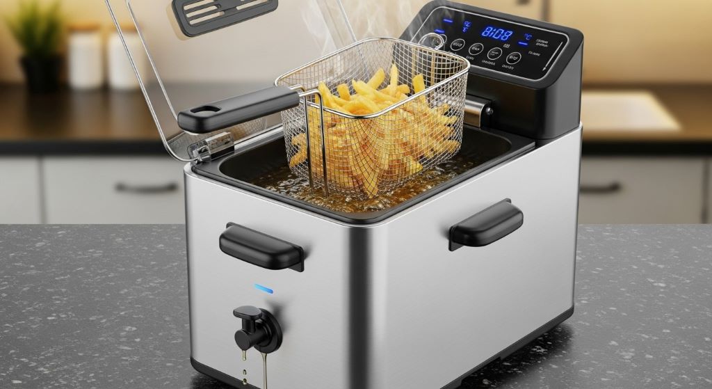 Large capacity home deep fryer with oil filtration system showing removable basket and drainage valve for easy maintenance