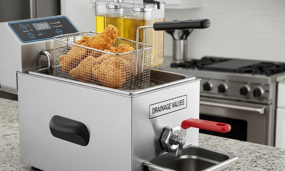 Commercial-style stainless steel deep fryer with dual baskets and digital temperature controls on kitchen countertop for home cooking