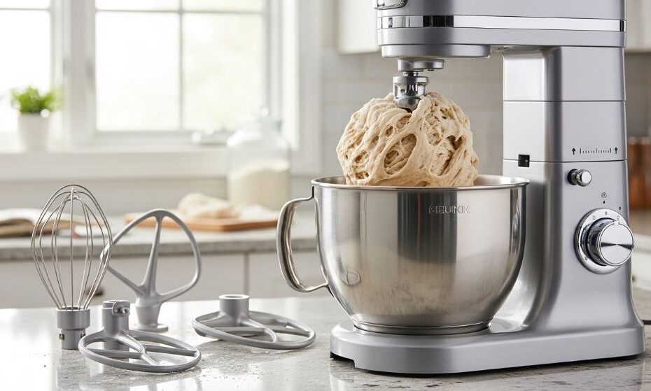 Stand mixer with stainless steel bowl kneading bread dough on kitchen counter showing various speed settings and attachments