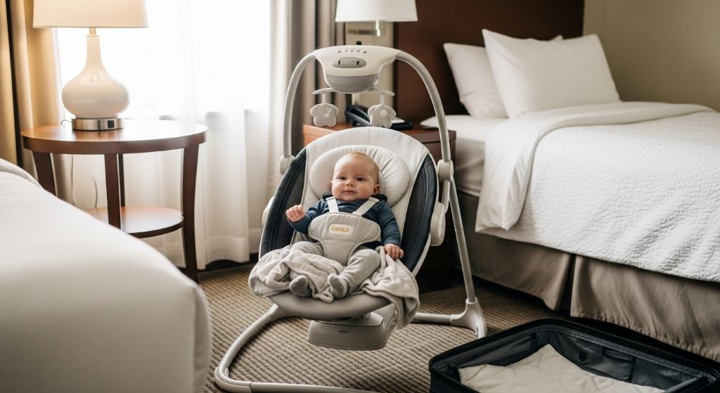 Portable infant swing set up in hotel room with baby safely secured in five-point harness demonstrating travel convenience
