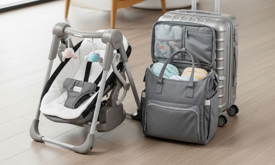 Compact lightweight baby swing folded for travel next to packed diaper bag and luggage showing true portability size