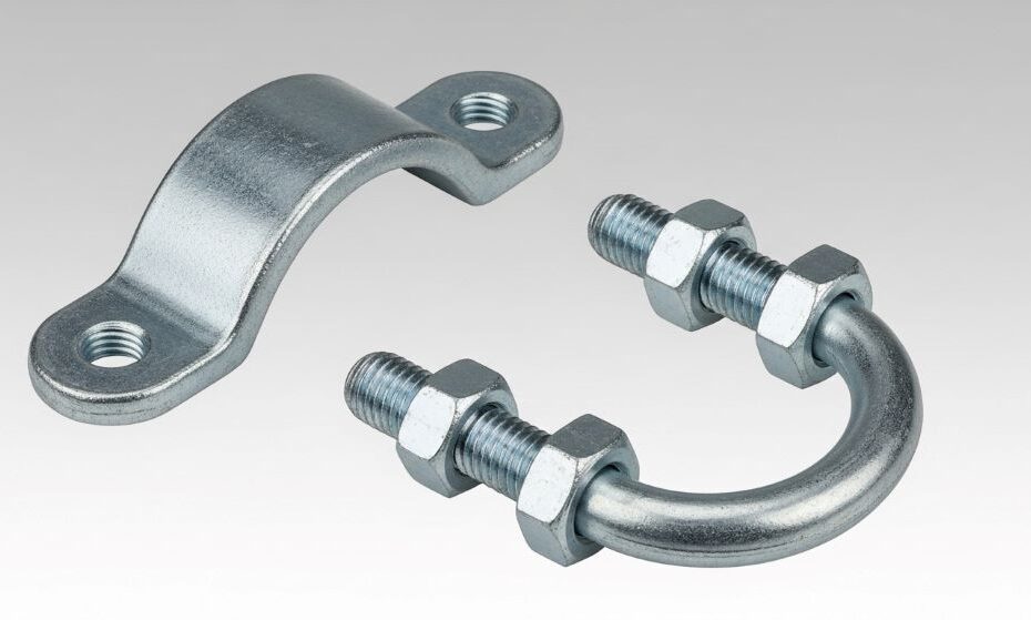 U-bolt rope clamp components showing saddle piece, U-bolt, and nuts arranged for proper installation