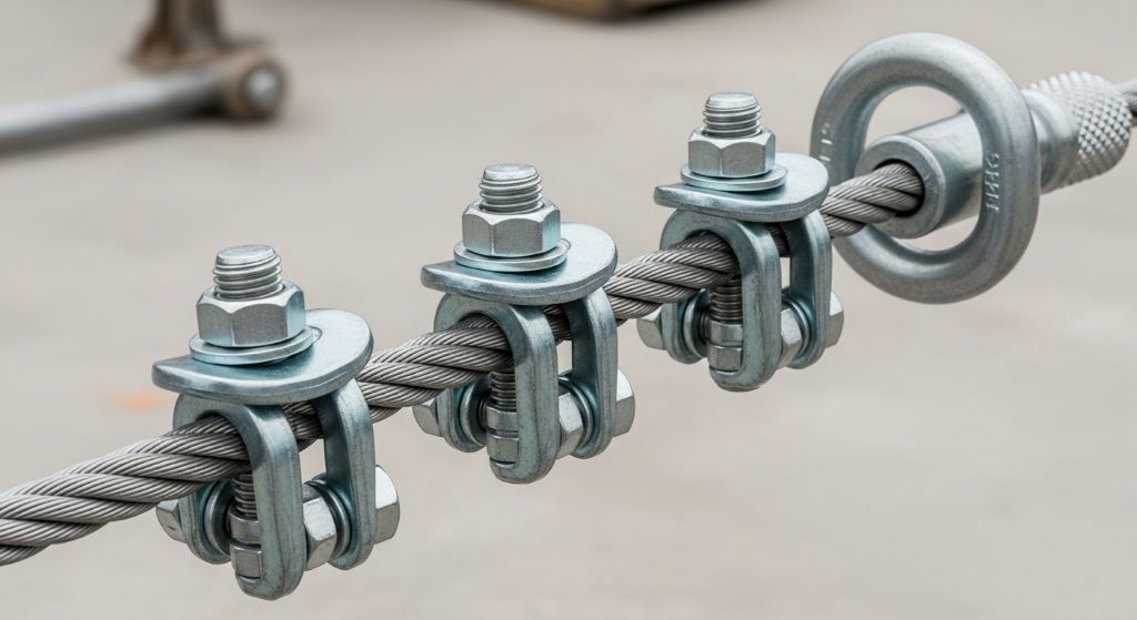 Correct orientation of wire rope clamps on steel cable with saddle on live end and U-bolt on tail end