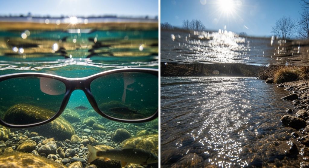 Close-up comparison showing clear water visibility through polarized fishing sunglasses versus glare without eye protection on sunny day