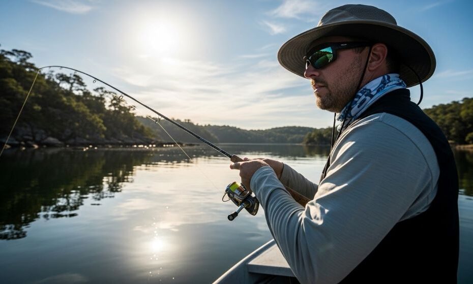 Angler wearing wraparound UV400 polarized sunglasses and wide-brimmed hat while fishing in bright sunlight on reflective water