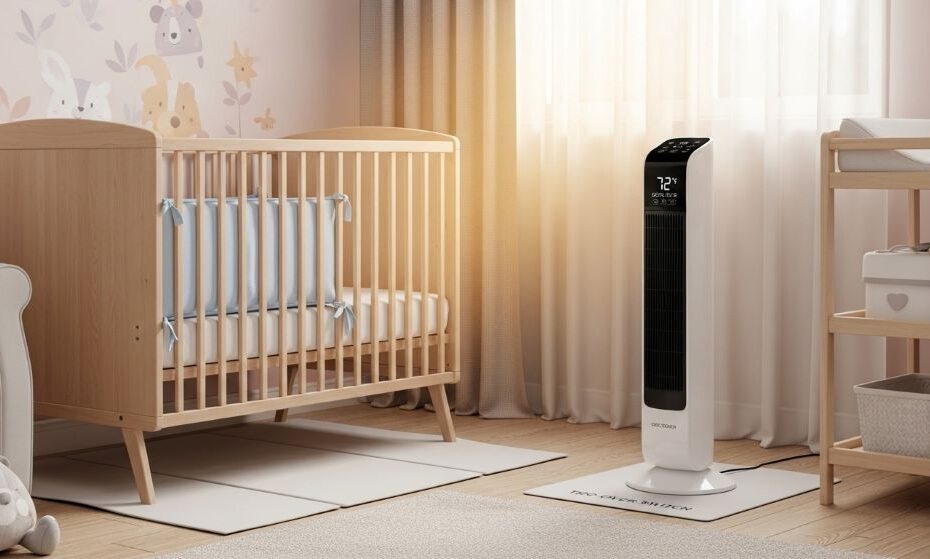 Energy efficient space heater with digital thermostat and safety features positioned safely in corner of baby nursery room