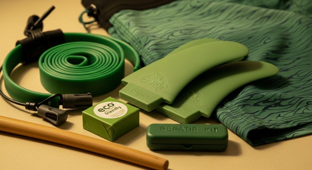 Collection of green surfing gear including biodegradable fins made from plant-based materials and recycled ocean plastics