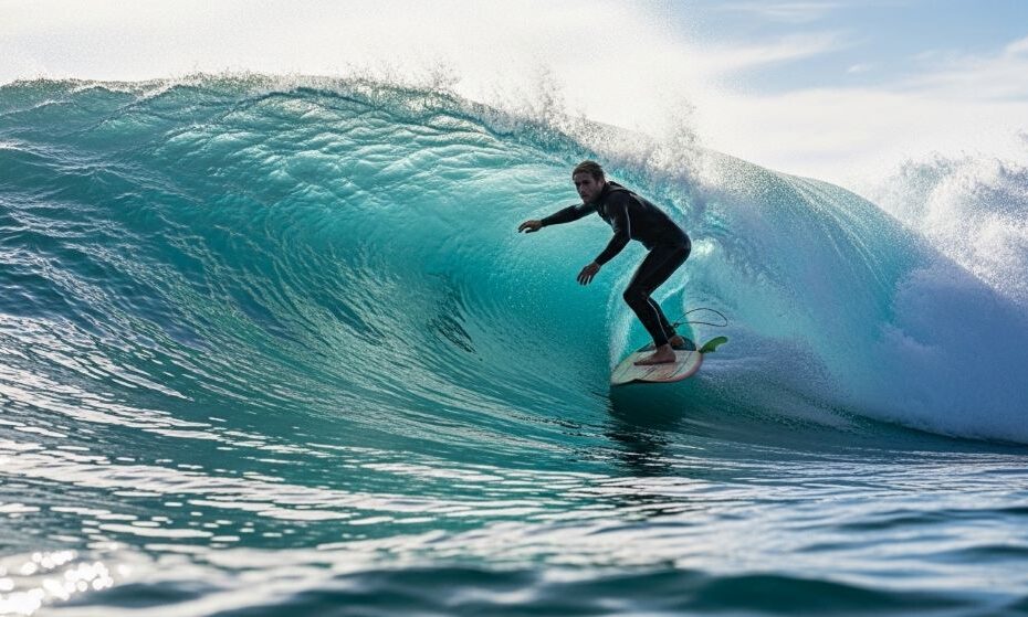 Surfer riding wave with eco-friendly biodegradable fins on sustainable surfboard in clear ocean water