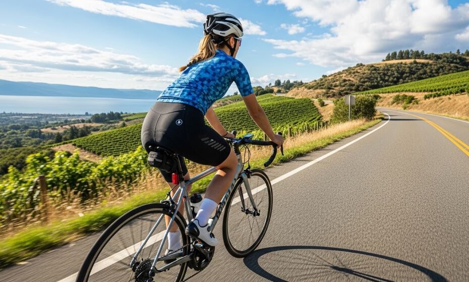 Women wearing comfortable padded cycling shorts on a scenic road bike ride