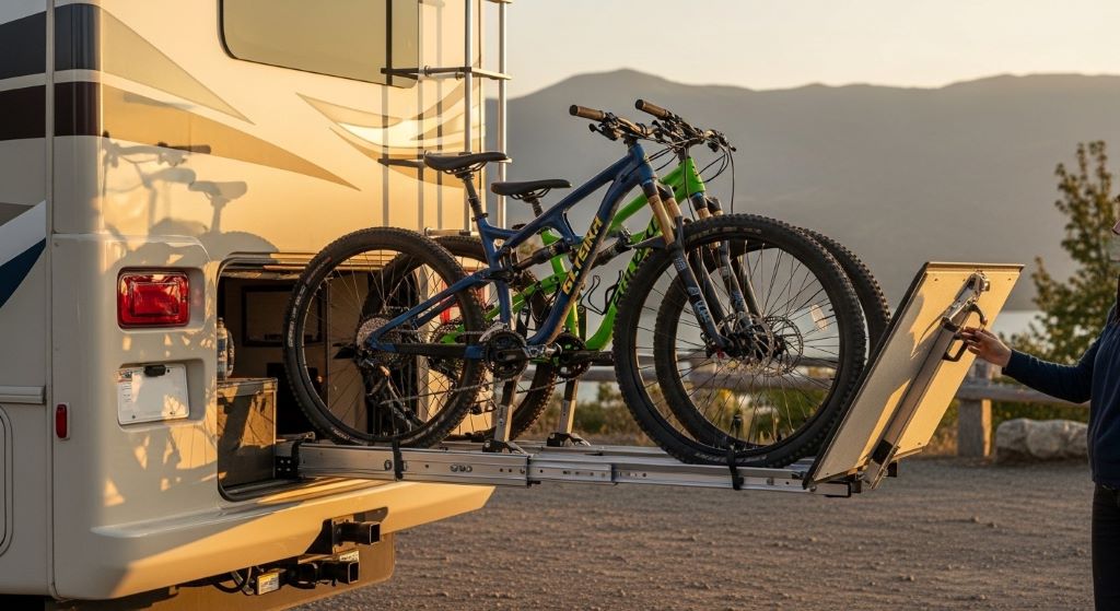 Motorhome with tilt-away bike rack providing rear storage access while bikes remain loaded