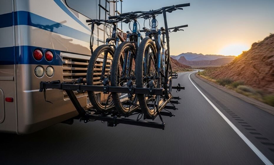 Heavy duty bike rack mounted on RV hitch carrying multiple bicycles securely during travel
