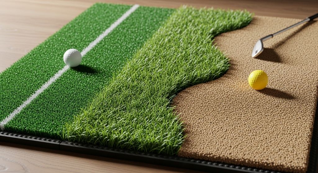 Golf short game mat showing realistic turf surfaces for practicing different lie conditions