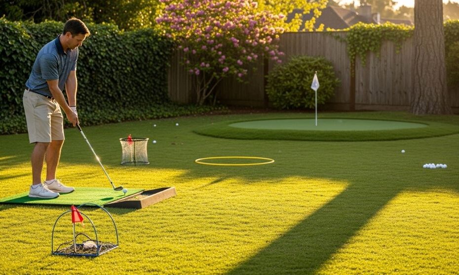 Golfer practicing chip shots on backyard chipping mat with multiple targets at various distances