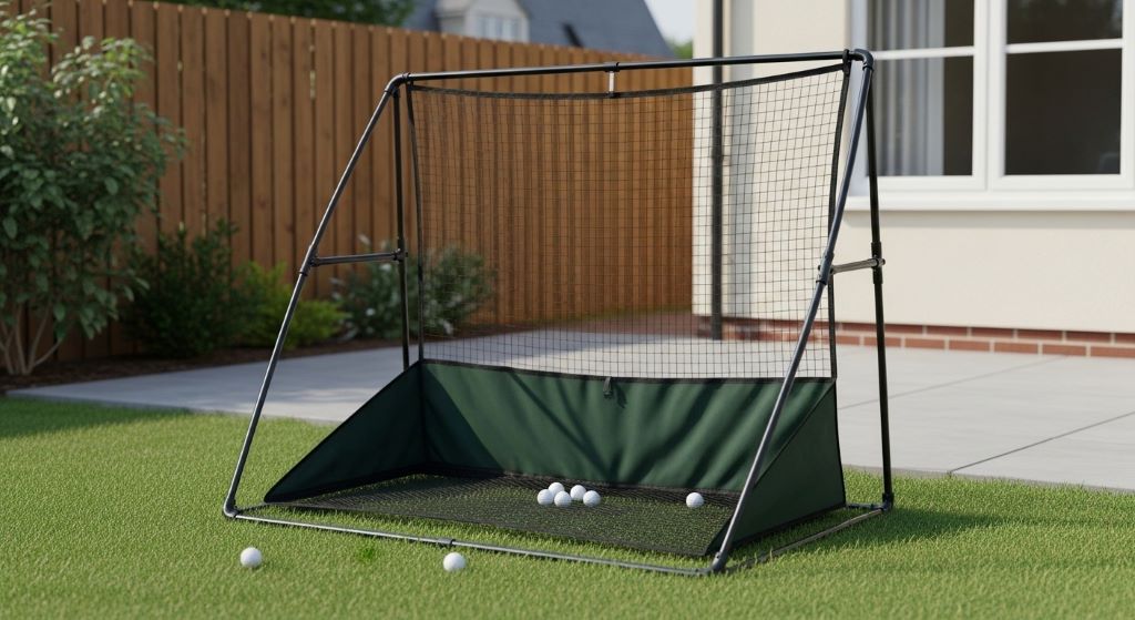 Compact outdoor golf net setup in residential yard showing frame installation and ball collection system