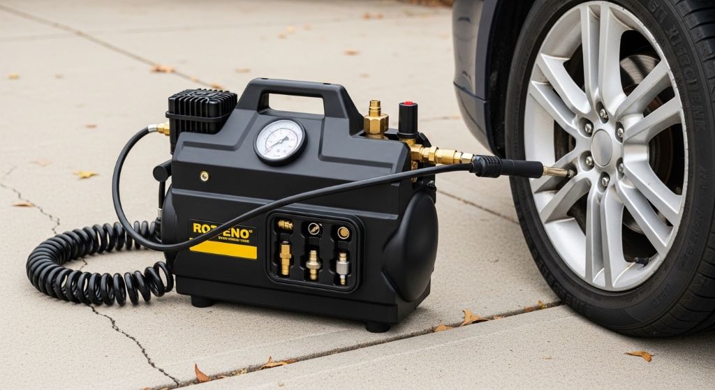 Compact portable air compressor with hose and nozzle attachments positioned next to underinflated car tire on driveway
