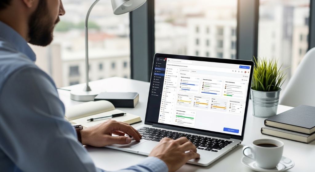 Professional using productivity platform with organized projects and focused workflow on laptop