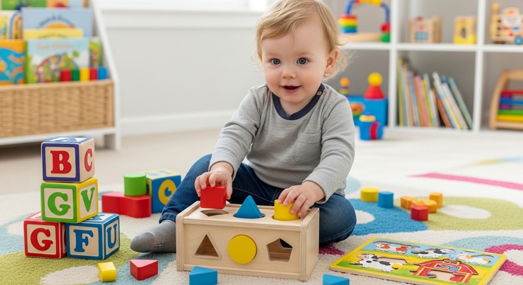 Child learning with STEM toys for toddlers and building blocks