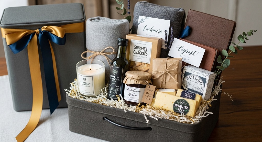 Themed DIY gift basket presentation with layered items