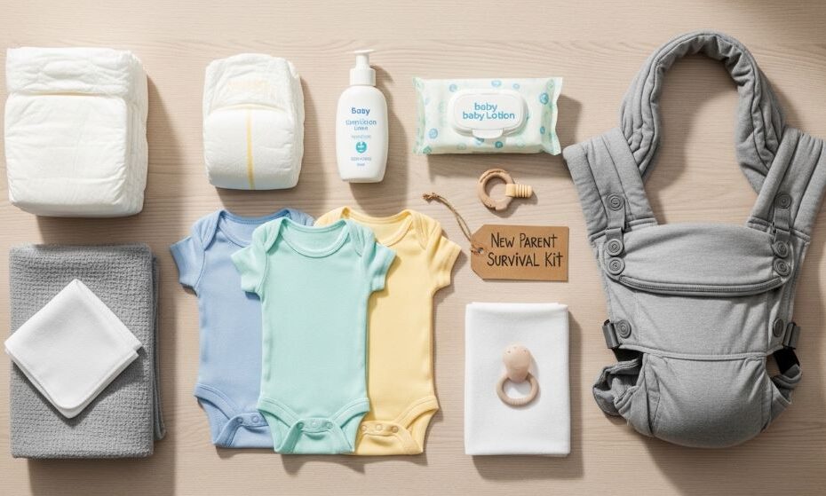 Budget-friendly baby essentials including diapers, onesies, and basic gear arranged for new parents