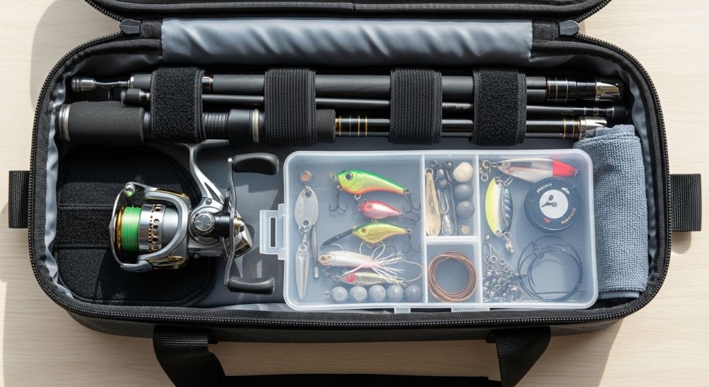 Travel fishing gear including collapsible rod, small reel, and minimal tackle organized in carry-on bag