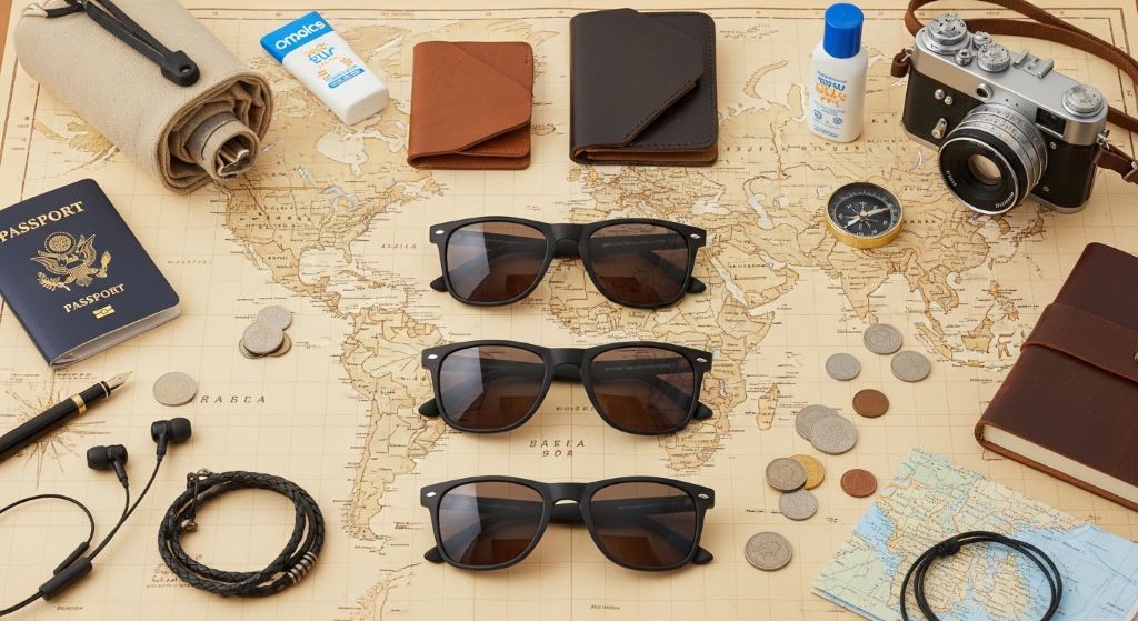 Flat lay of men's travel sunglasses with durable frames on a map surrounded by travel accessories