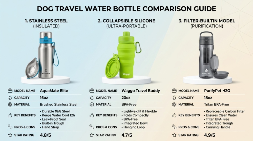 A comparison layout of three different types of portable dog water bottles for travel and hiking.