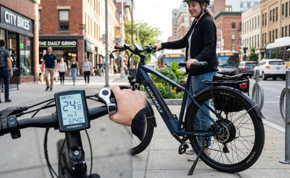 HOVERFLY electric bike on a city street showing the LCD display panel and rear hub motor in daylight