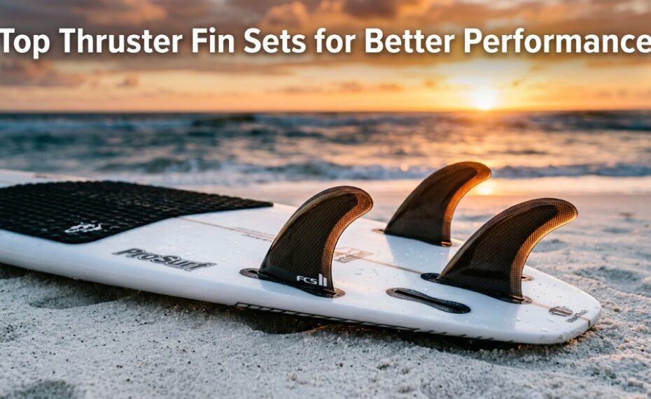 Surfboard tail on sand with carbon fiber thruster fins and performance title overlay.