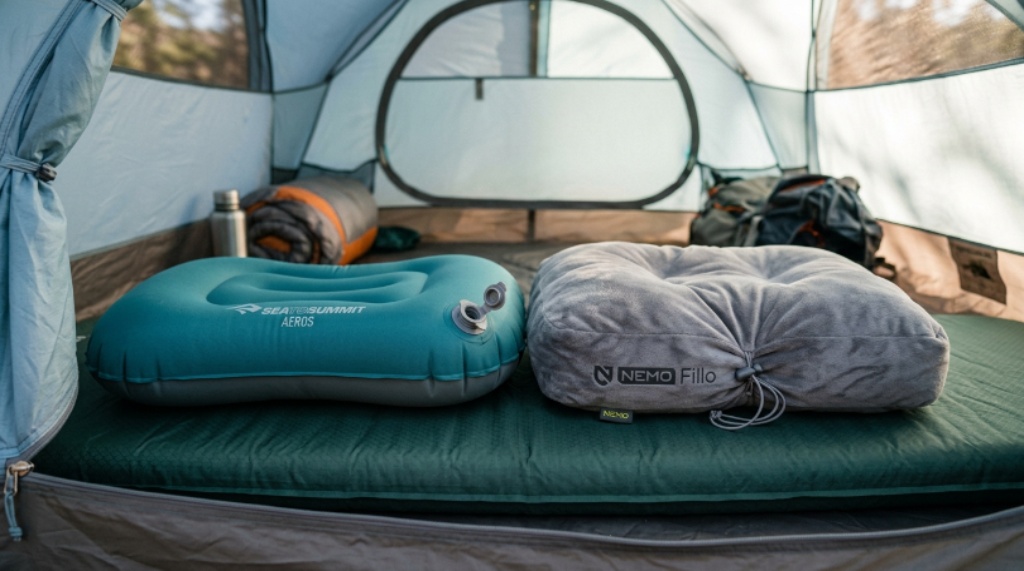 Close-up comparison of an inflatable camping pillow and a compressible pillow laid out on a sleeping pad inside a tent