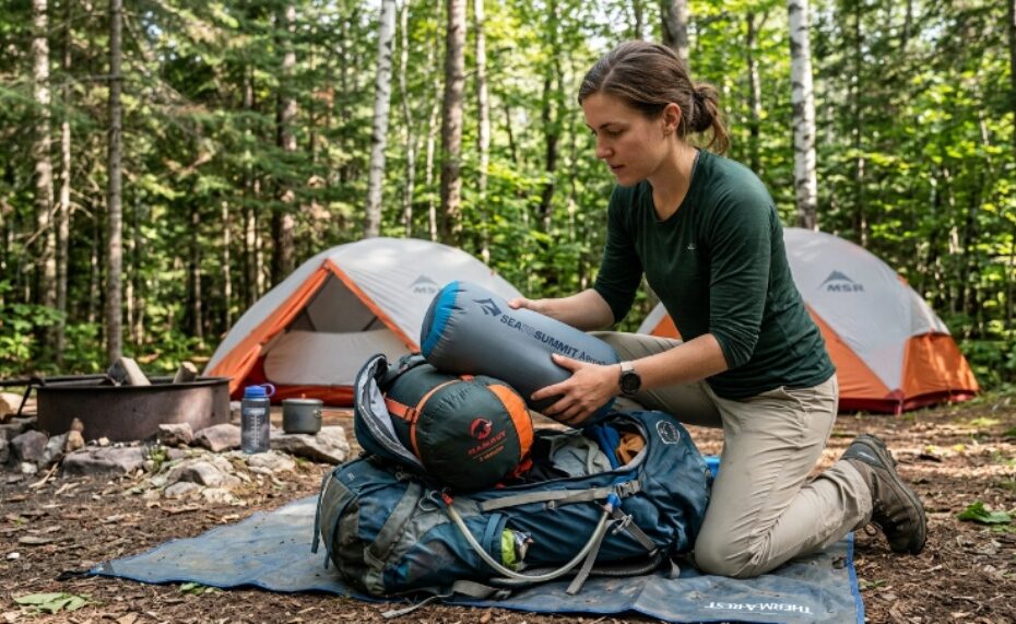 A hiker placing a compact inflatable camping pillow inside a backpack next to a sleeping bag in a forest campsite