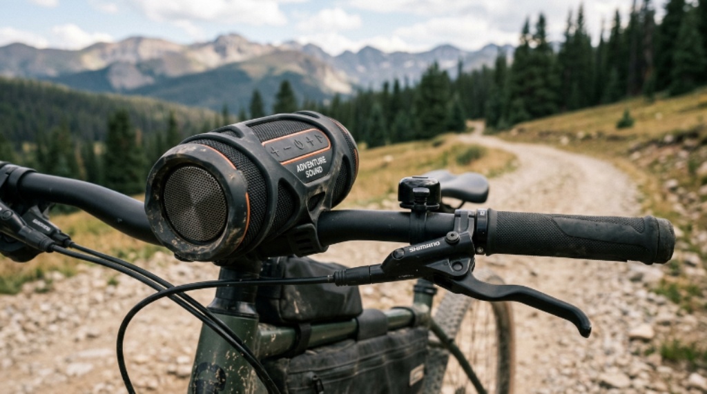 Close-up of a wireless bike speaker with silicone handlebar mount ready for an outdoor cycling adventure